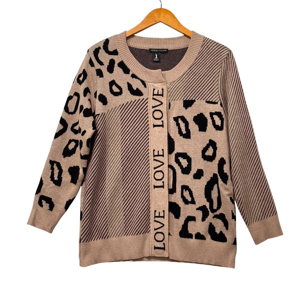 Peace of Cloth Cardigan Womens M Tan Leopard LOVE Snap Front Striped Sweater